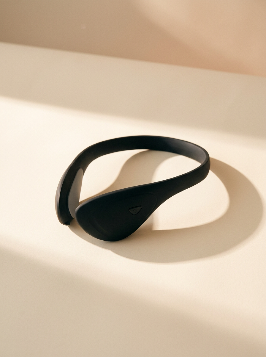 The Contour, a hands-free EMS microcurrent jawline sculpting band in noir silicone
