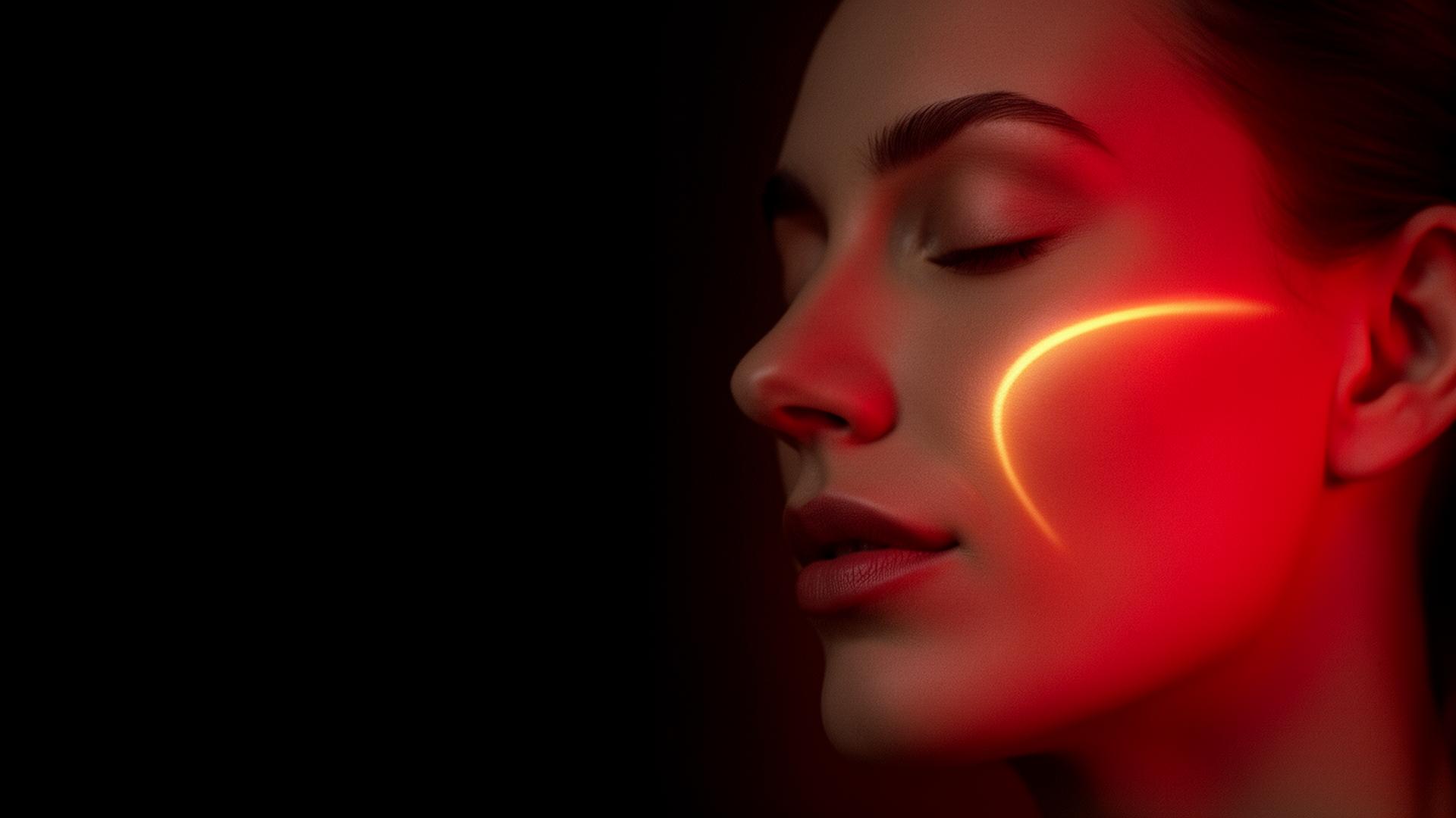A woman's face bathed in soft red light, eyes closed in a quiet evening ritual